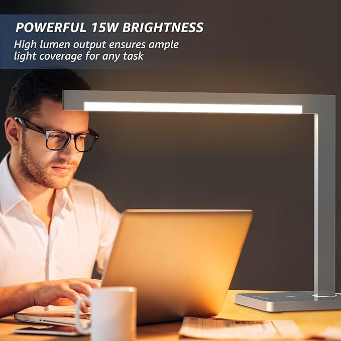 Aluminum LED Desk Lamp with Charging Station, 15W Smart Table Lamp with Type-C Ports & 4 Color Temperature Modes(3000K-6000K), Dimmable Reading Light for Home Office,Bedroom (Includes Adapter)