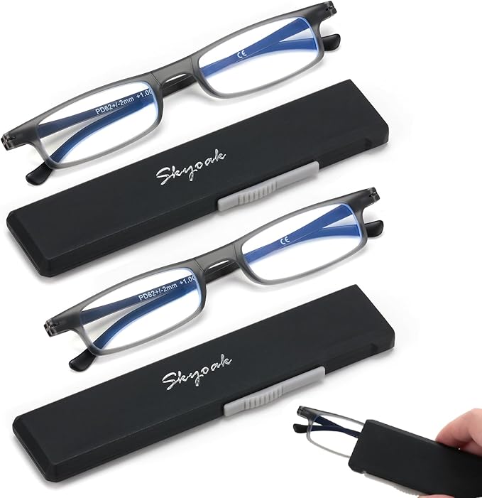 2 Pack Ultra thin Lightweight Folding Reading Glasses Women Men TR90 Blue Light Blocking Anti UV/Eyestrain Foldable Compact Computer Readers Portable Unique Stretchable Slim Flat case Gunmetal, +3.5