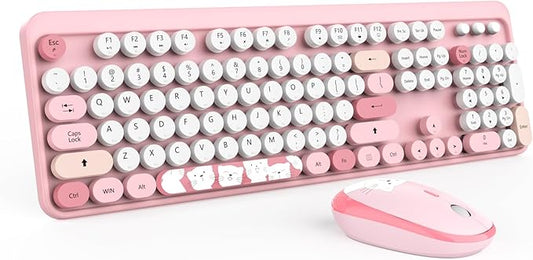 Wireless Keyboard,KOOTOP Cute Colorful 104 Keys Typewriter Retro Round Keycaps Keyboard for PC Laptop,Desktop,Windows, Home and Office Keyboards (Pink)