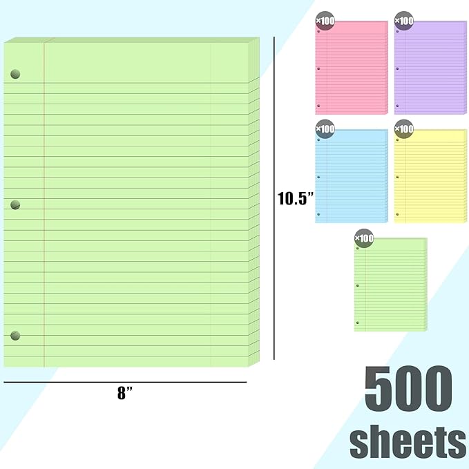 Koogel 5-Color Loose Leaf Paper, 500 Sheets Wide Ruled, 8 x 10.5 Inch, 3-Hole Punched for 3-Ring Binders, Perfect Notebook Paper Filler for Note-Taking, Ideal for Back to School Student & Professional