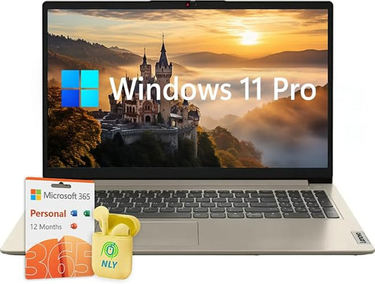 Lenovo Ideapad 15.6" Laptop Computer, Windows 11 Pro Laptop, 12GB RAM 640GB Storage (512GB SSD+128GB eMMC), Intel Celeron N4500 Processor, Intel UHD Graphics, 1-Year Microsoft 365, NLY Earphones, Sand