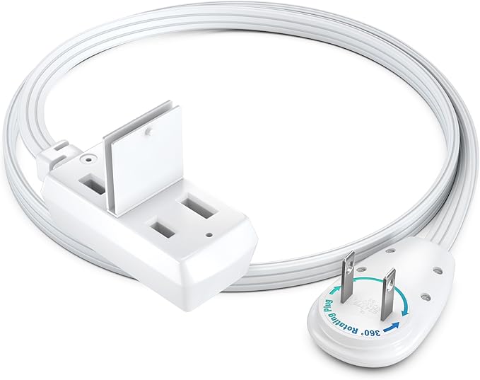 Maximm 1 Ft Extension Cord, 2 Prong, 360° Rotating Flat Plug, UL Certified, White – Space-Saving Indoor Power Cord for Tight Spaces, Polarized