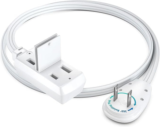 Maximm 1 Ft Extension Cord, 2 Prong, 360° Rotating Flat Plug, UL Certified, White – Space-Saving Indoor Power Cord for Tight Spaces, Polarized