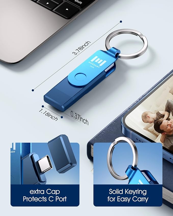MOSDART 64GB Dual USB C Flash Drive, Speed Up to 150MB/S Type C 3.1 Thumb Drive with Keychain, for iPhone 15 and 16, Android Phone, iPad, MacBook, and Laptops, Navy Blue
