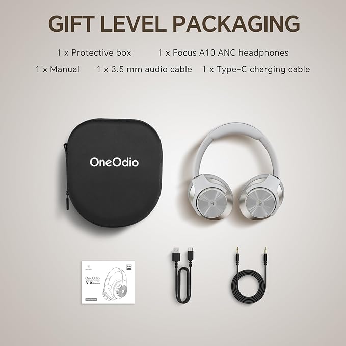 OneOdio Focus A10 Wireless Bluetooth Noise Cancelling Headphones - Hi-Res Audio, 50H Playtime, Built-in Mic, Compatibility with Apple & Android, Comfortable Over Ear Ideal for Travel Work