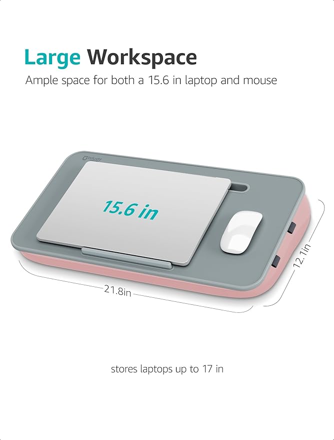 Istudyniture Lap Desk | Portable Laptop Desk & Stand – Fits Up to 17 inch – Washable Cushion, Built-in Phone Holder – for Bed, Couch, Sofa, Floor – Writing, Reading, Home Office – Large, Pink