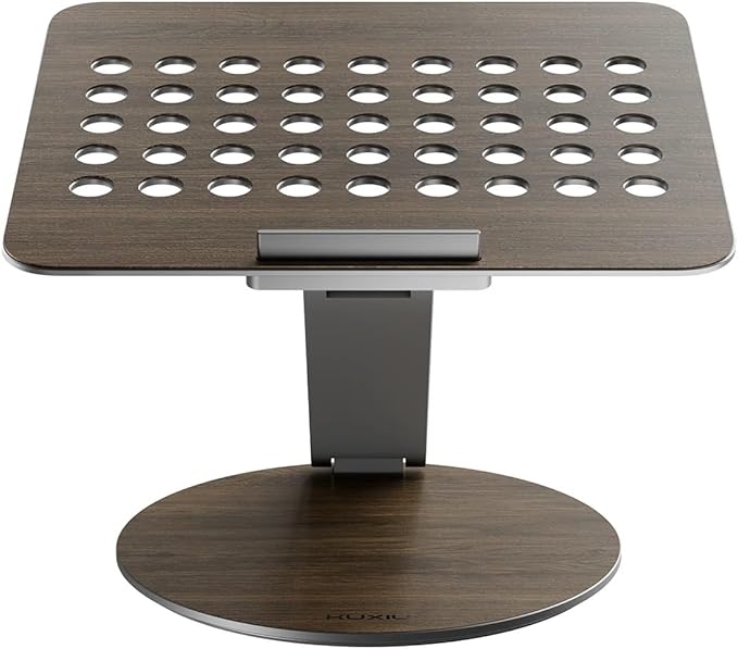 Adjustable Laptop Stand with 7-in-1 Hub, Foldable Portable Aluminum Laptop Riser with 360° Swivel Base for Desk, Ergonomic Computer Notebook Stand Holder for All Laptops 10-17"-Gray (Wooden)