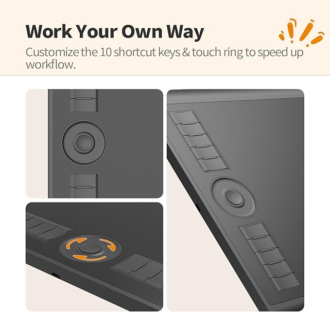 GAOMON M10K Drawing Tablet, 10x6 inch Large Graphics Tablet with Touch Ring, 8192 Levels Battery-Free Stylus, 10 Hot Keys, Art Tablet for Design, Writing, Editing, Work with Mac, Windows, Android