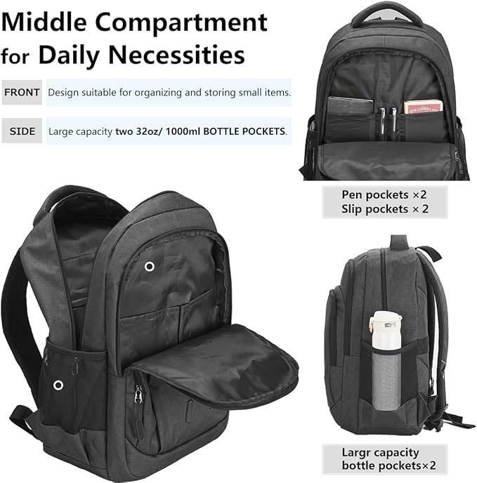 Work Backpack for Men Travel Laptop Backpack Water-Resistant 15.6 Inch Computer Backpack Business All Black