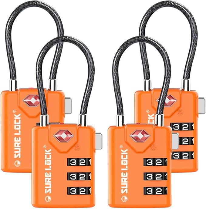 SURE LOCK TSA Compatible Travel Luggage Locks, Inspection Indicator, Easy Read Dials TSA Approved with Zinc Alloy Orange 4 Pack