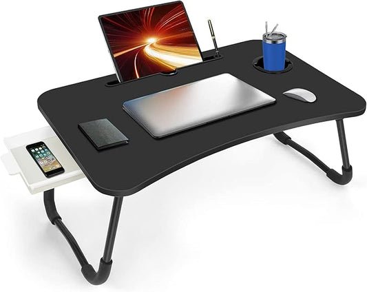 Fayquaze Portable Foldable Laptop Bed Desk with Storage Drawer and Cup Holder - Lap Desk Laptop Stand Tray Table for Eating, Reading and Working