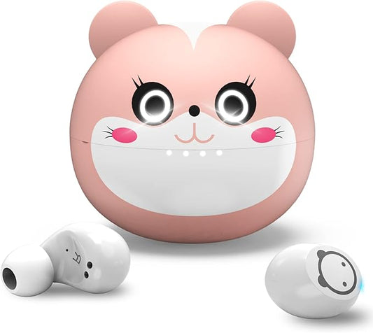 Bluetooth Earbuds Pink Wireless Earbud for Kids 36H Playtime IPX5 Waterproof Noise Reduction Cordless Girls Headphones USB-C LED Display Cartoon Kids Earphones
