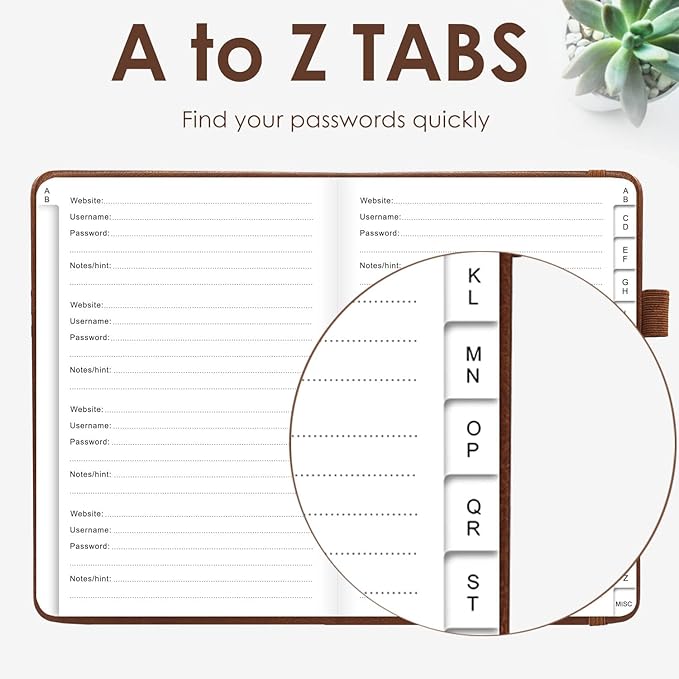 Elegant Password Book with Alphabetical Tabs - Hardcover Password Book for Internet Website Address Login - 5.2" x 7.6" Password Keeper and Organizer w/Notes Section & Back Pocket(Brown)