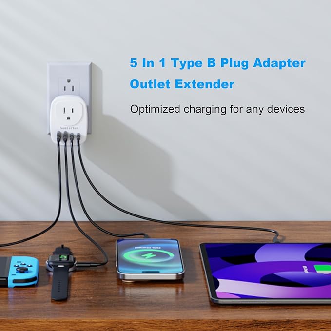 Multi Plug Outlet Extender 2 Packs, Wall Plug Adapter, American Type B Plug Adapter with 1 Electrical Outlets, 4 USB Charger Ports (2 USB C), for School, Travel, Office, Home Essentials