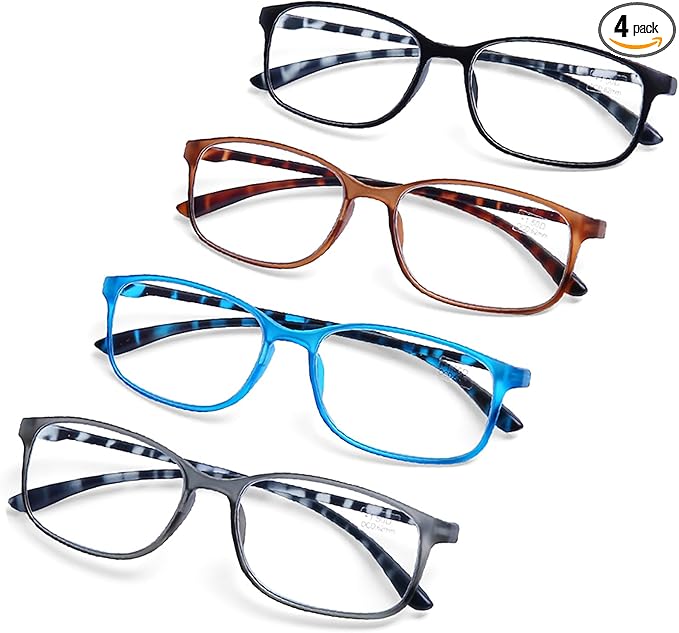 AQWANO 4-Pack Reading Glasses Mens Women 2.0 Computer Blue Light Blocking, Lightweight TR90 Flexible Frame Anti Glare Eye Strain Readers Eyeglasses, No Rubber Arms