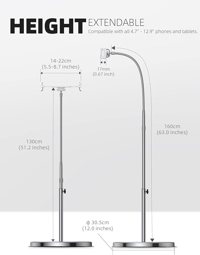 Lamicall Tablet Floor Stand Gooseneck - Swivel Tablet Holder Mount with Adjustable Height & 10.6lb Stable Base, for iPad mini Air Pro 12.9/9.7, Tab, Kindle, iPhone Air 17 Pro Max, Phones (4.7-13")