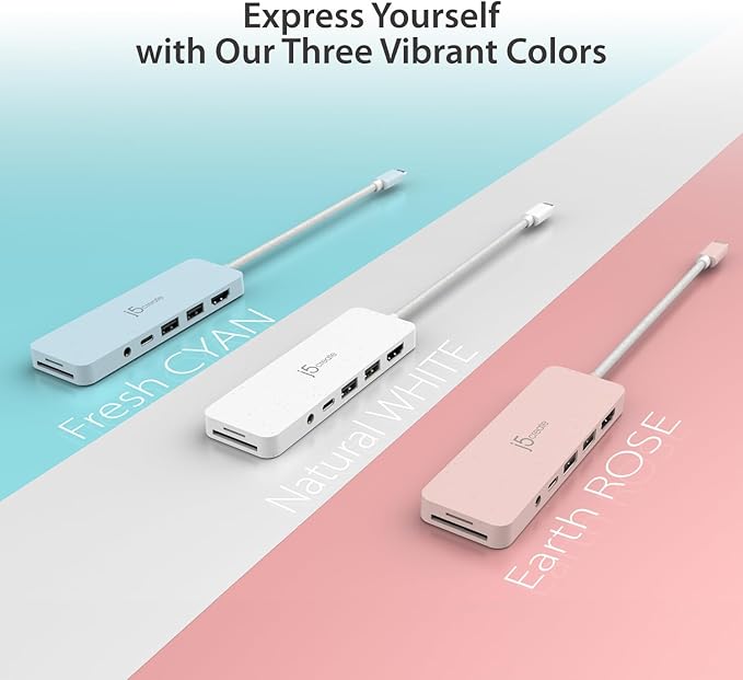j5create USB-C Pink Multi-Port Hub with Power Delivery with 4K HDMI/2 USB-A 5Gbps/PD 100W Charging SD&Micro SD/3.5mm Audio | for MacBook/iPad Pro/iMac/Surface/XPS/Thinkpad/Galaxy/and More(JCD373ER)