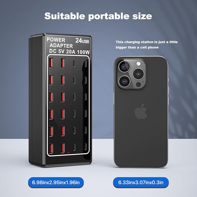 USB Charger Station, C Charging Block, 100W (20A) 24 Port Multiple USBCharger Desktop Wall Charger Hub 12 USB A 12 USB C Compatible for Apple iPhone, iPad, Samsung Galaxy, Laptop, Pixel, Phones