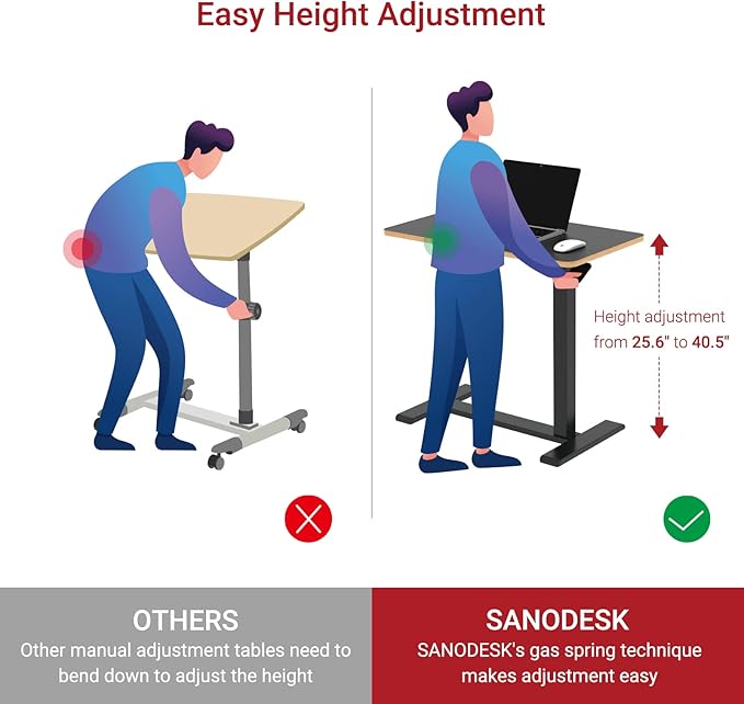 SANODESK Medical Adjustable Overbed Bedside Table with Hidden Casters, Pneumatic Mobile Laptop Computer Standing Desk Cart with Tray, Hospital and Home Use(31.5" W x 17.7" D, Black)