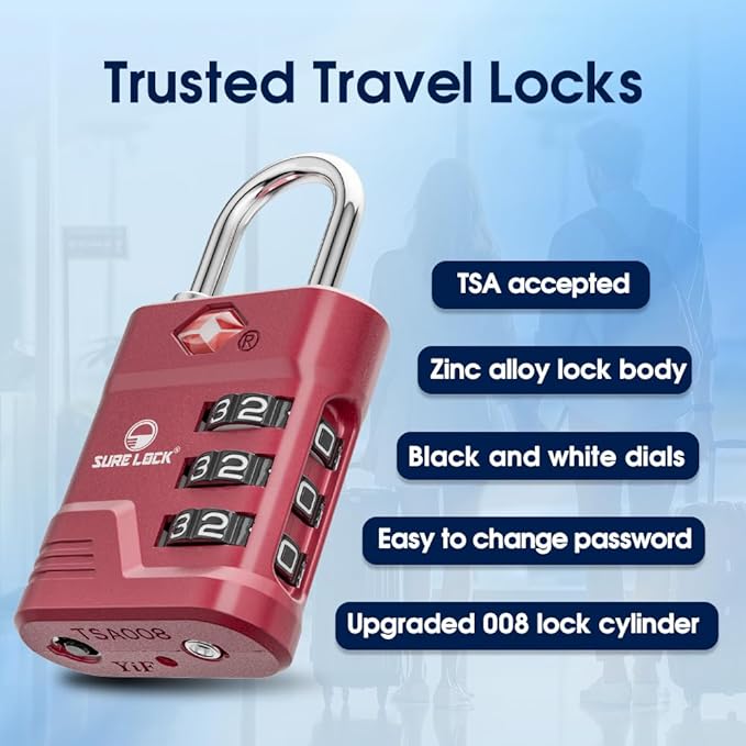 SURE LOCK TSA Locks for Luggage, TSA Approved Luggage Locks with Open Alert, TSA008 Key for High Security, Easy Read Dials, Zinc Alloy Body, Locker Lock for Suitcase, Gym, Travel(Red 2 pk)