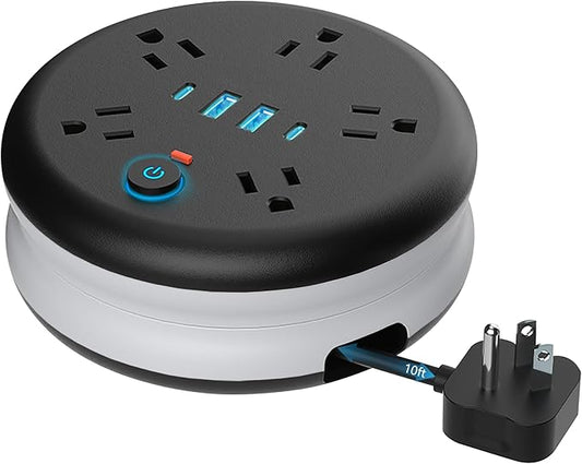 Retractable Travel Power Strip: 10 Ft Extension Cord Portable Powerstrip with 5 Outlet 2 Smart USB Port 2 USB C for Travel Cruise Ship Beach Vacation Essentials