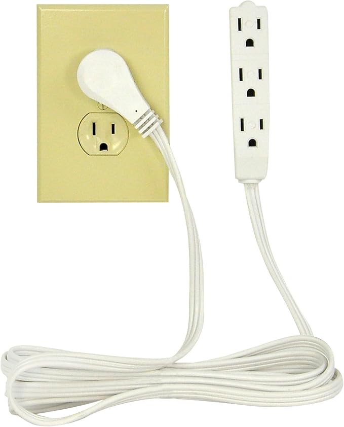 Flat Multiple Outlet Extension Cord 15 Ft for Indoor Use by Electes- UL-Listed 3-Prong Multi Extension Wire- Space-Saving Flat Angled Extension Cord- White..