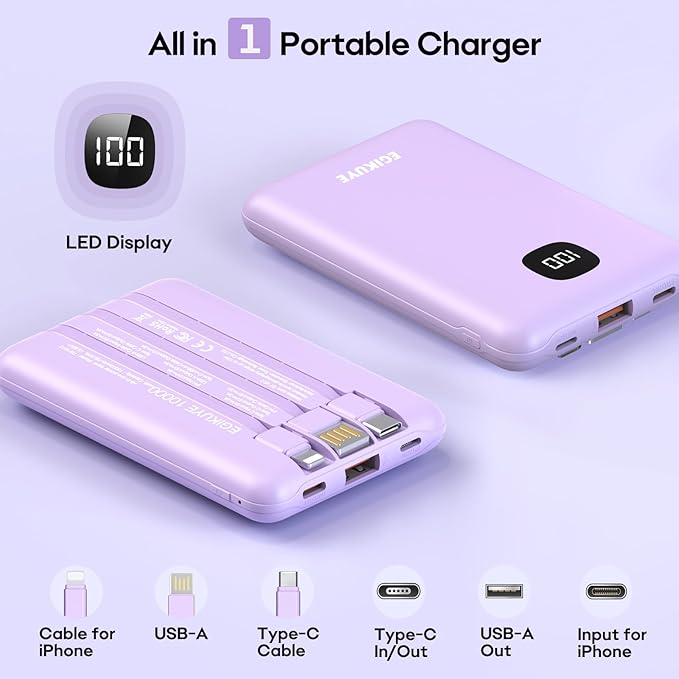 Portable Charger 10000mAh Power Bank with Digital Display, External Battery Pack with Built-in Cables, Ultra-Compact USB-C in&Out Travel Essential for iPhone, Android, Samsung etc (Purple)