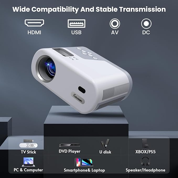 Mini Projector with WiFi and Bluetooth - Portable HD Projector Compatible with iOS/Android Phone/Tablet/Laptop/PC/TV Stick/Box/USB Drive/Game Console,720P Resolution,260 ANSI, 200-Inch Display