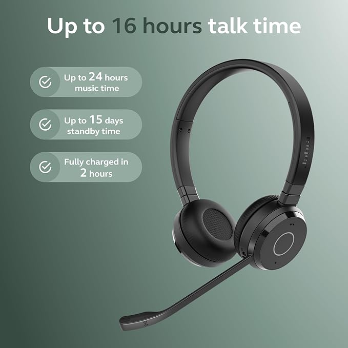 Jabra Evolve 65 TE (Third Edition) Wireless Dual-Ear Headphones - Noise-Canceling Mic, 16 hrs Battery Life, Dual Connectivity, MS Teams Certified, Supports Other Platforms, Black