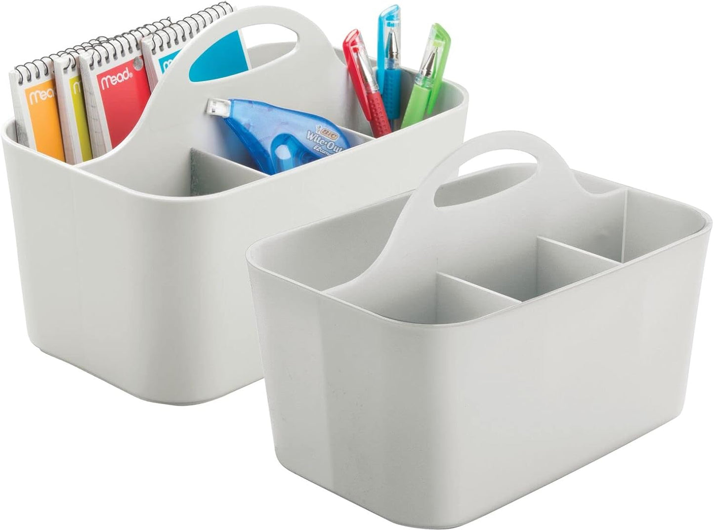 mDesign Plastic Small Office Storage Organizer Utility Tote Caddy with Handle for Cabinets, Desks, Workspaces - Holds Desktop Office Supplies, Pencils, Staplers Lumiere Collection, 2 Pack, Light Gray