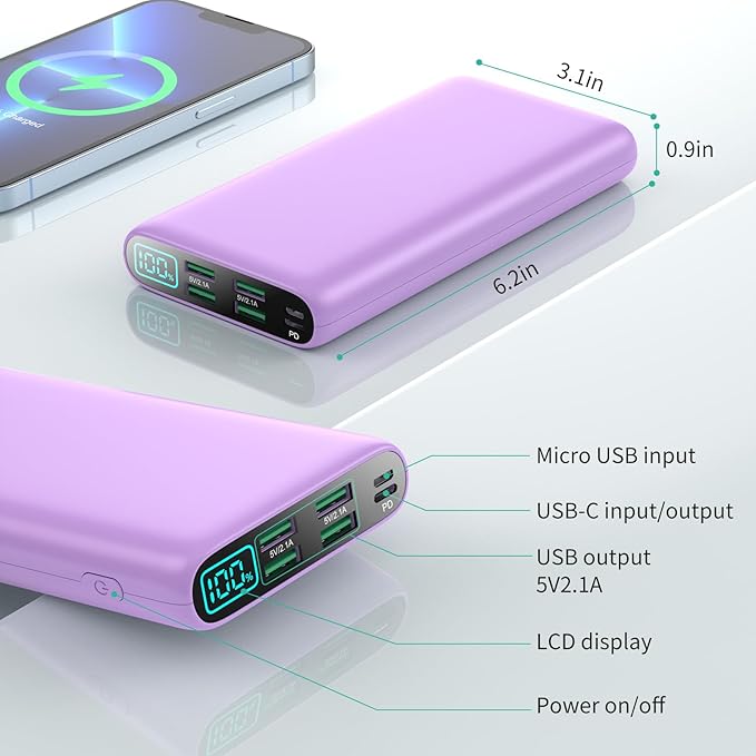 Portable Charger 38800mAh,LCD Display Power Bank,5 USB Outputs Battery Pack Backup,USB-C in&out Dual Input Phone Charging Compatible with iPhone 16/15/14 Pro,Android Samsung Galaxy Pixel Nexus-Purple