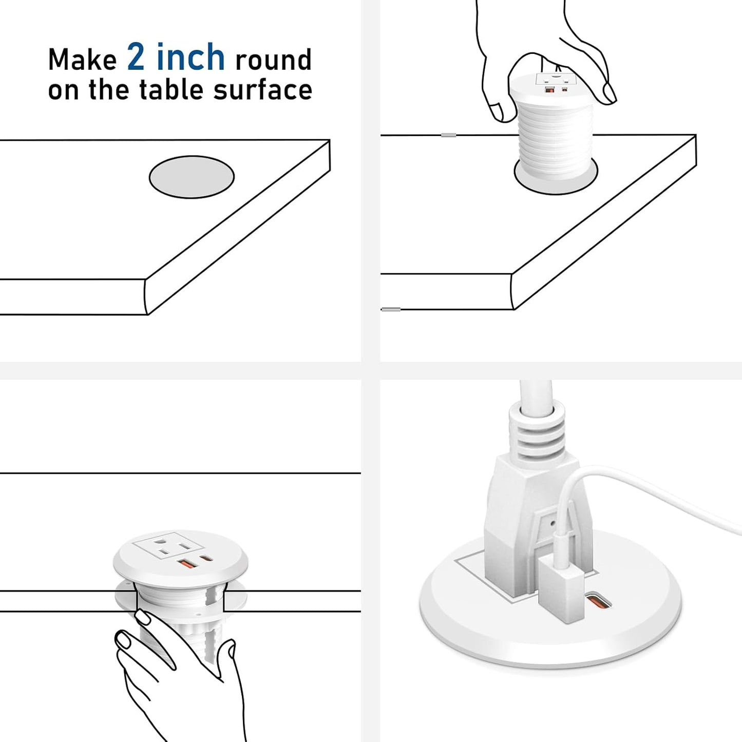 Desktop Power Grommet 2 Inch Hole, PD 30W USB C Fast Charging Station, Recessed Outlet, Ultra Thin Flat Plug Power Strip, Slim Extender, Table Outlets for Home, Office, 6ft Cord, White