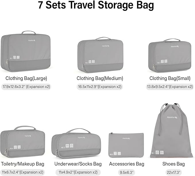 Compression Packing Cubes (Pack of 7), Expandable Luggage Organizer Bags, Hanke Packing Cubes for Travel, Double Zipper Durable Travel Packing Organizers for Suitcase Backpack and Carry-On