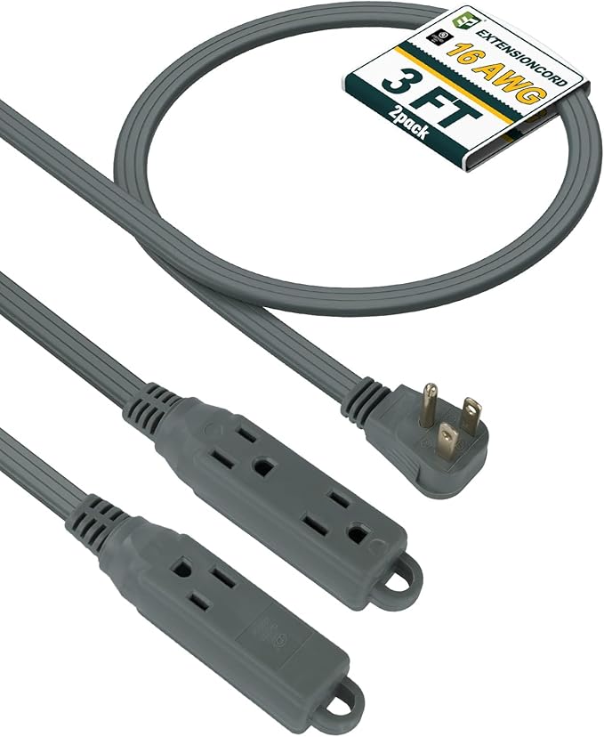 EP 3 Ft 3 Outlet Extension Cord with Flat Plug, 3 Prong Grounded, 16/3 SPT-3 Power Cable for Indoor Use, Grey, 2 Pack