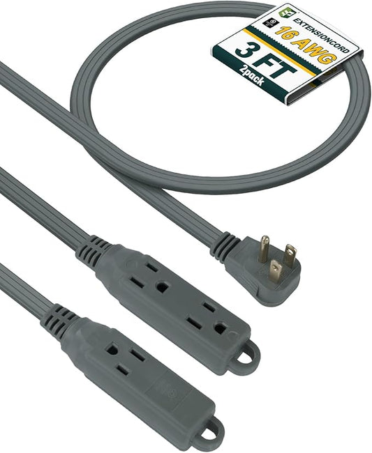 EP 3 Ft 3 Outlet Extension Cord with Flat Plug, 3 Prong Grounded, 16/3 SPT-3 Power Cable for Indoor Use, Grey, 2 Pack