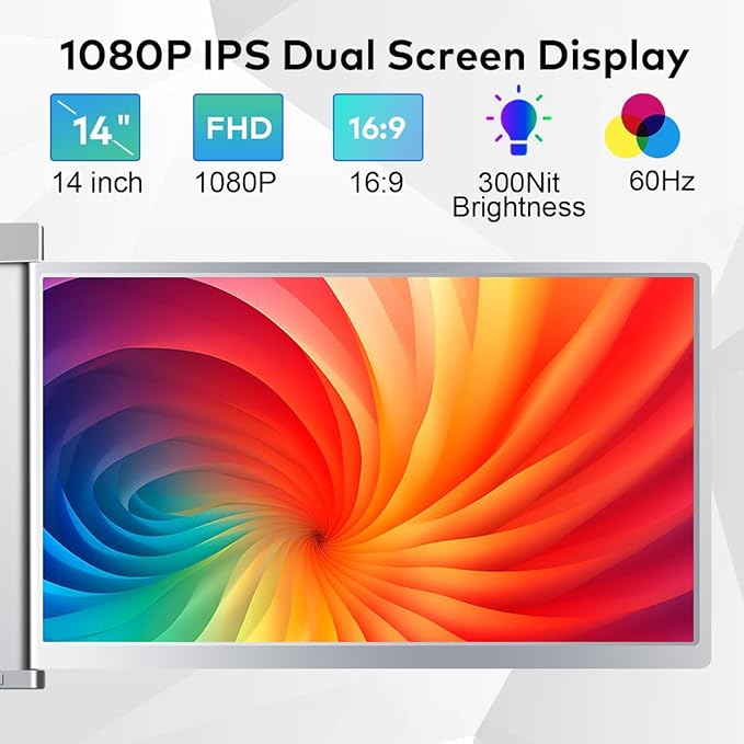 Laptop Screen Extender 14“ Monitors, Work for macOS [Included M1/M2 M3]，Windows, Triple Portable 1080P Tri-Screen USB A/Type C Portable Monitor for 14"-17.3" Laptop(1 Cable)