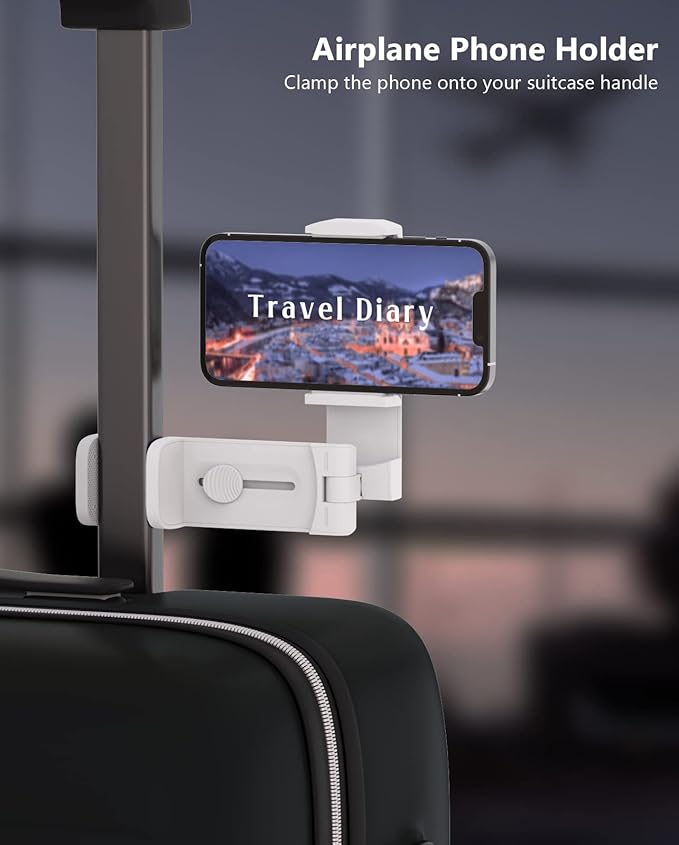 MiiKARE Travel Essentials Airplane Phone Holder, Universal Handsfree Phone Mount for Flying with 360 Degree Rotation, Travel Must Haves Phone Stand for Desk, Tray Table, White
