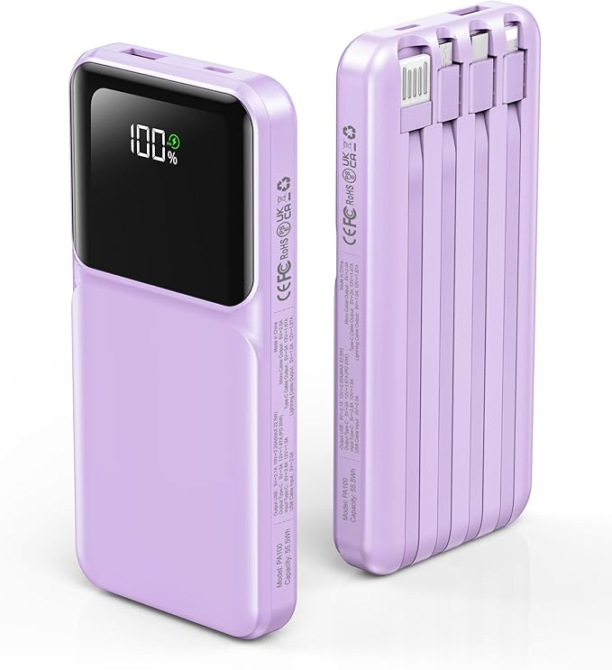 Portable Charger with Built in Cable - 22.5W Power Bank Fast Charging USB C LED Display 10000mAh Travel Battery Pack 5 Outputs & 3 Inputs for iPhone Samsung Android iPad Phones Tablets etc