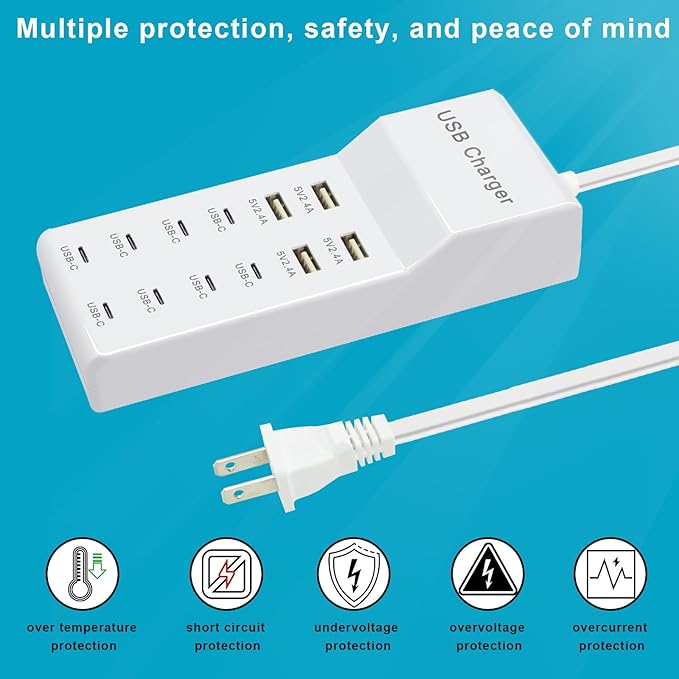 USB Charger, 12-Port USB Charging Station (4 USB-A Ports and 8 USB-C Ports) Multiple USB Charger Station Compatible with iPhone 15/14/13/13pro max 12/12/12 Mini/12Pro/12Pro, Tablet PC, Smartphone