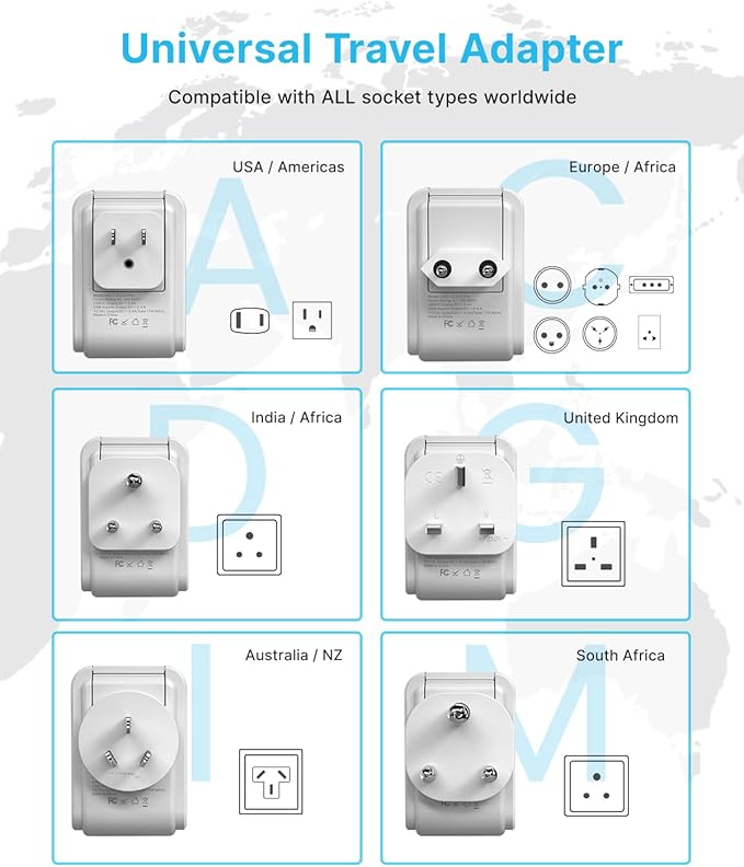 VINTAR Universal Travel Adapter Kit, International Power Adapter with 3 USB Ports (2 USB C) 4 AC Outlets, Type A,C,G,D,I,M Detachable Attachments, Travel Adapter Worldwide for US/EU/UK/India/Africa
