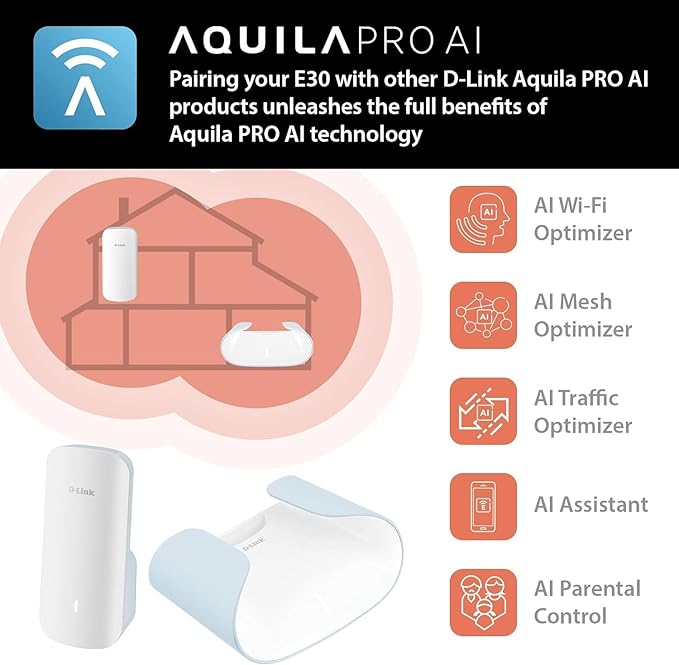 D-Link E30 AX3000 Mesh WiFi 6 Range Extender, Universal Compatibility, Gigabit Ethernet Port, Covers up to 2800 sq. ft, Whole Home Internet Signal Booster