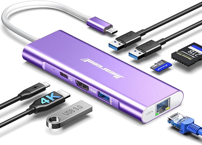 Hiearcool USB C Hub, USB-C Ethernet Dongle 4K@60Hz HDMI Multi-Port Adapter, USBC Docking Station Compatible for MacBook Dell HP Thunderbolt 3 4 Laptops-Purple