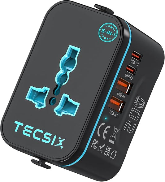 Universal Travel Adapter Worldwide PD 20W, TECSIX International Power Adapter Fast Charging with 2 USB C, 2 USB A Multi Outlets, Gan Travel Plug Adaptor for EU US UK AUS 200+ Countries
