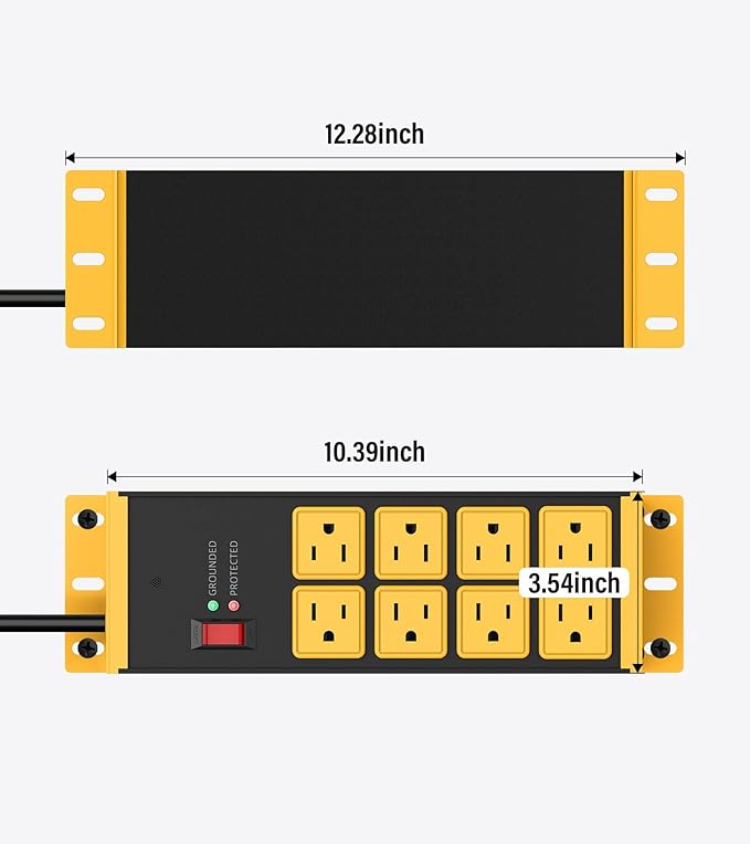 HHSOET 2 Pack Heavy Duty Power Strip 8 Outlets, Metal Wall Mount Outlet Strip 4800J Surge Protector, Garage Shop Under Desk Mountable 5FT Extension Cord Plug.