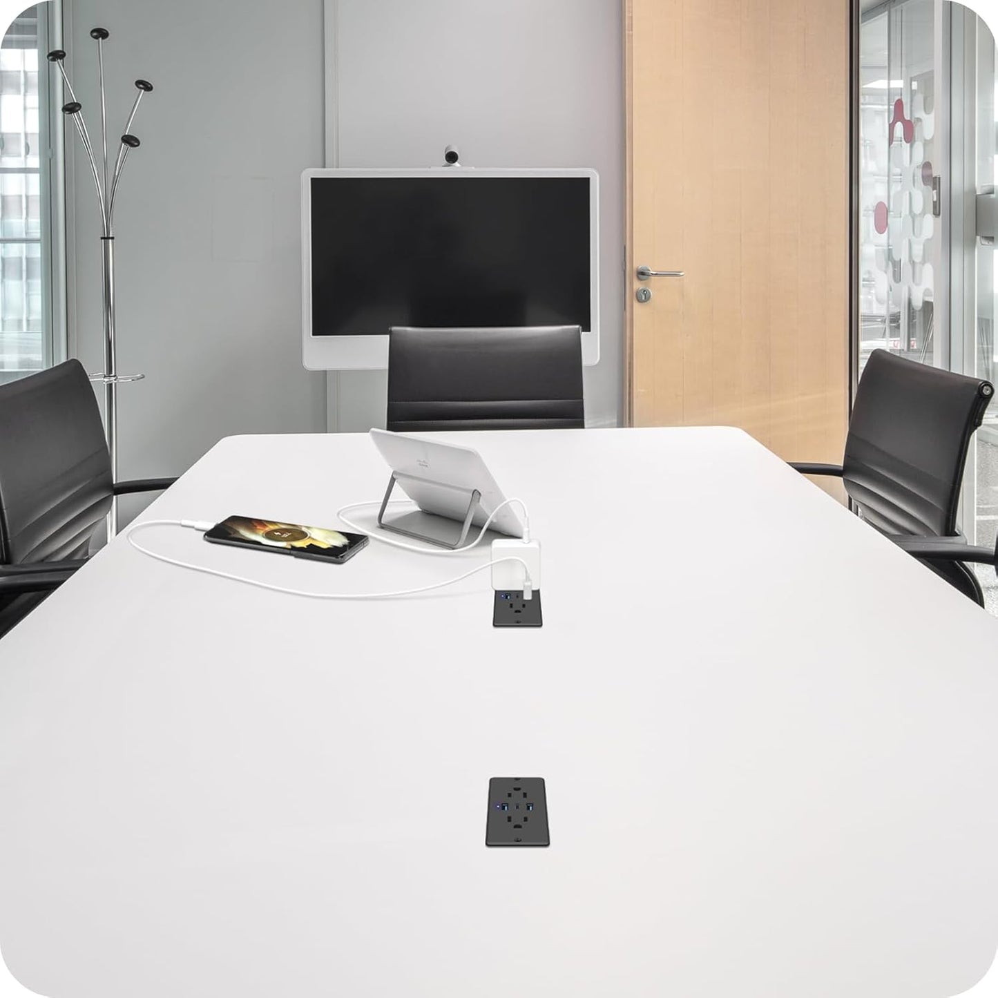 HHSOET 5 in 1 Recessed Power Strip Flat Plug, 65W Fast Charging Furniture Outlet with USB, Conference Recessed Socket with 2 AC Plugs, 2 USB Ports 1 USB-C, 6ft Power Cord. (Black)