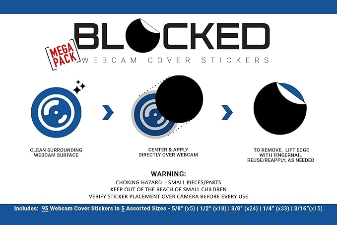 BLOCKED Stackable Webcam/Camera Vinyl Covers | 95 Low-Tack Restickable Webcam Stickers | 5-Sizes | Black 95-Pack (Ultra Glossy)