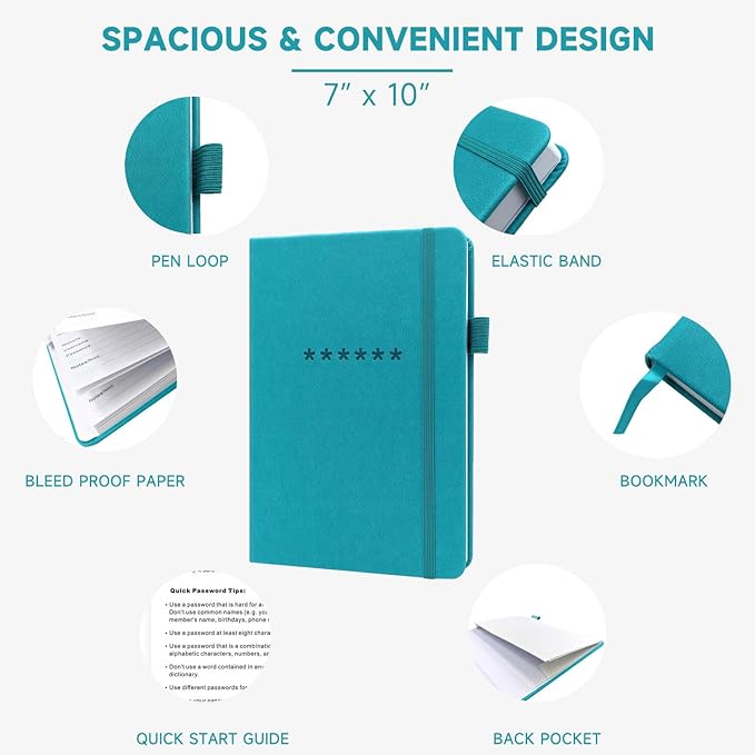 Password Book with Alphabetical Tabs – Hardcover Internet Address & Password Organizer – Password Keeper Notebook for Computer & Website – 7 x 10" Log-in Password Journal w/Thick Paper (Turquoise)