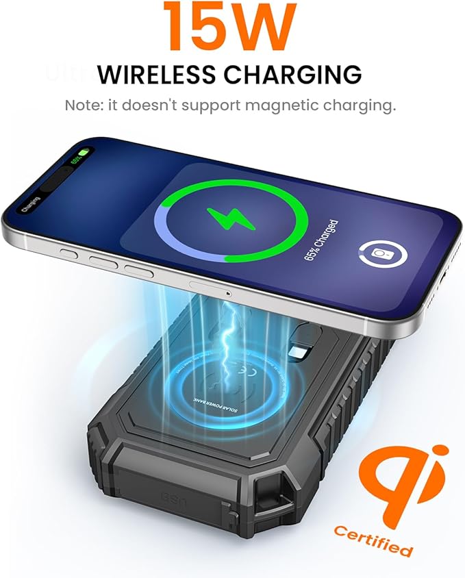 Riapow Solar Power Bank 27000mAh/99000mWh - Wireless Solar Charger - 22.5W Fast Charging Battery Bank Built in 2 Cables - PD QC External Battery Pack with USB C for Phone Flashlight for Outdoor