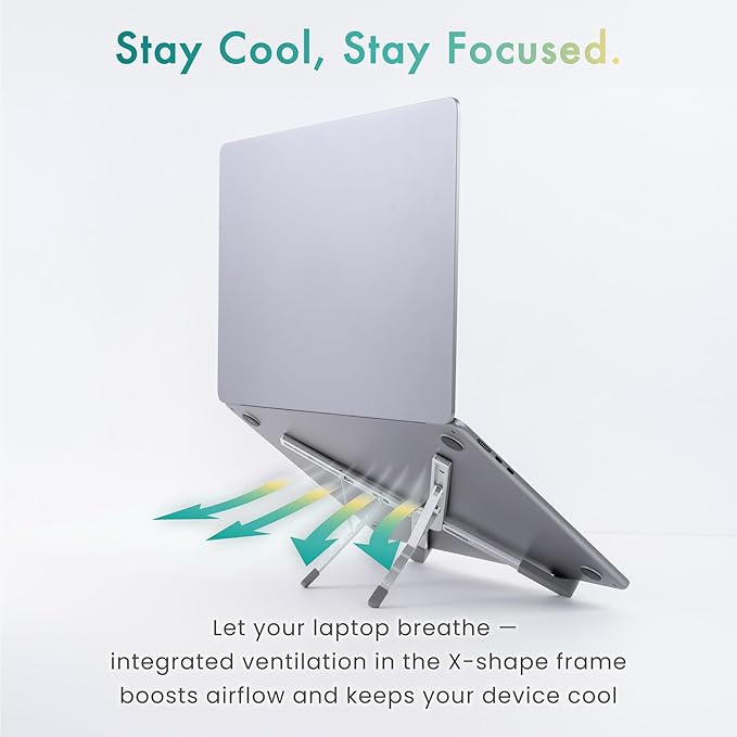 BELLEMOND Laptop Stand | Foldable & Adjustable Aluminum Riser | Ventilated X-Frame Japanese Design | Fits MacBook Pro/Air, Dell, HP, Lenovo & 10–17.3” Laptops | Portable & Lightweight | Space Silver