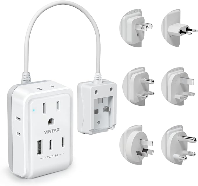 VINTAR Universal Travel Adapter Kit, 0.5ft Detachable Extension Cord with 4 AC Outlets & 3 USB(2 USB C), Type A/C/G/D/I/M International Power Adaptor for US to Europe UK India South Africa Japan